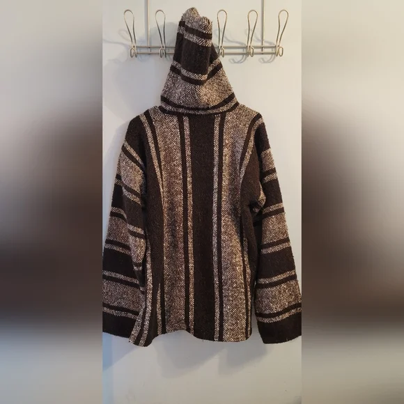 Mexican Baja Poncho Hippie Hoodie Surfer Skater Rag Large Long Sleeves Hood - Picture 2 of 8